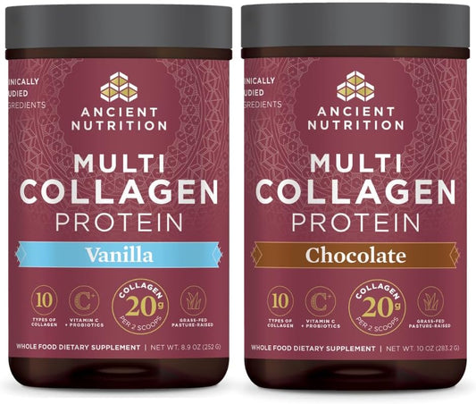 Ancient Nutrition Multi Collagen Protein Powder Bundle - Vanilla & Chocolate Flavors, 24 Servings Each