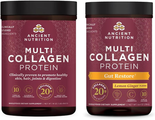 Ancient Nutrition Multi Collagen Protein Powder Bundle: Unflavored & Gut Restore, 65 Servings