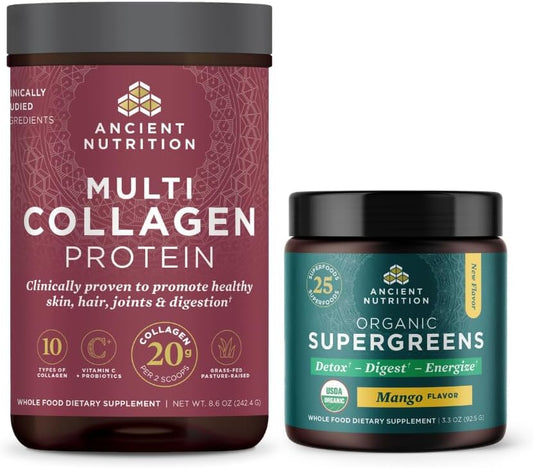 Ancient Nutrition Multi Collagen Protein Powder + Organic Supergreens Powder Bundle, Unflavored/Mango, 24/12 Servings