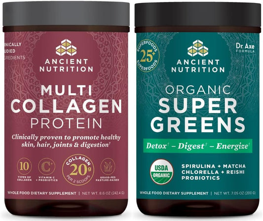 Ancient Nutrition Multi Collagen Protein Powder & Supergreens Powder Bundle - 24 Servings of Unflavored Collagen Protein + 25 Servings of Greens Flavor Superfood Powder