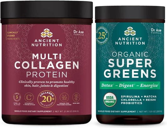 Ancient Nutrition Multi Collagen Protein Powder & Supergreens Powder Bundle - Unflavored Collagen + Greens Flavor, 60 Servings + 25 Servings