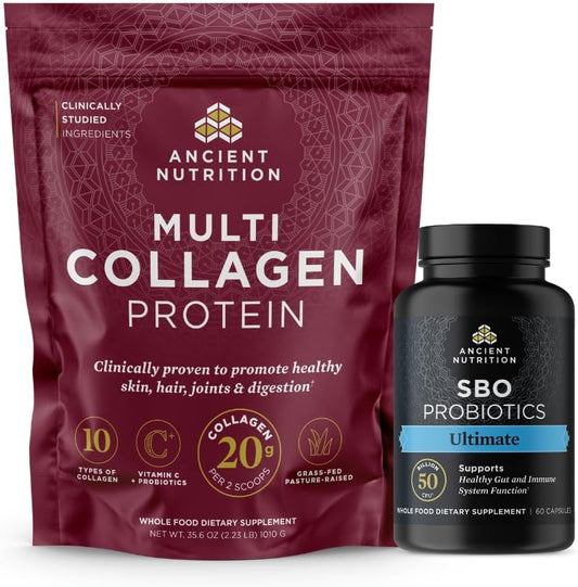 Ancient Nutrition Multi Collagen Protein Powder with Unflavored 100 Servings + SBO Probiotics Ultimate 60 Capsules