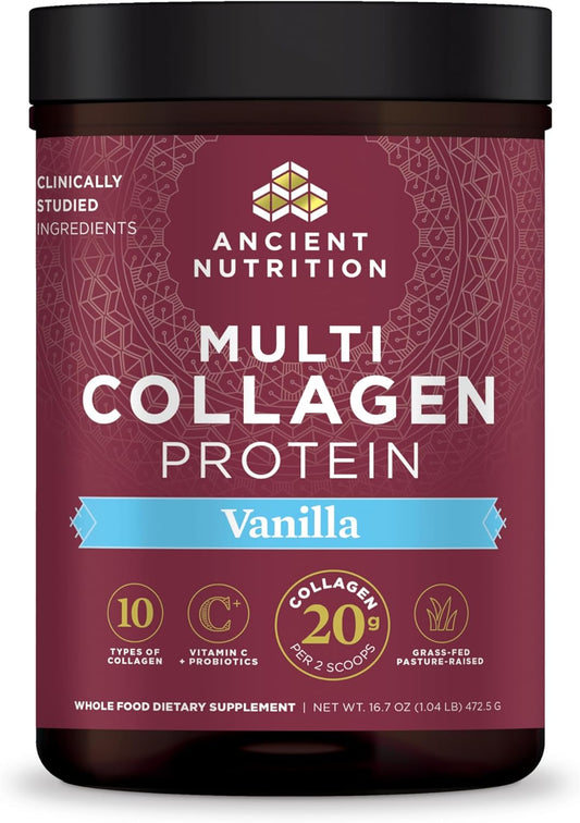 Ancient Nutrition Multi Collagen Vanilla Protein Powder with Vitamin C - Hydrolyzed Peptides, 45 Servings, 16.7oz - Supports Skin, Nails, Gut Health