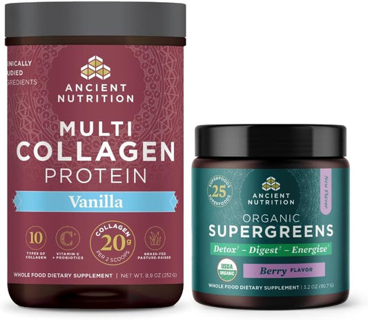 Ancient Nutrition Vanilla Collagen Protein Powder + Organic Berry Supergreens Powder - 36 Servings