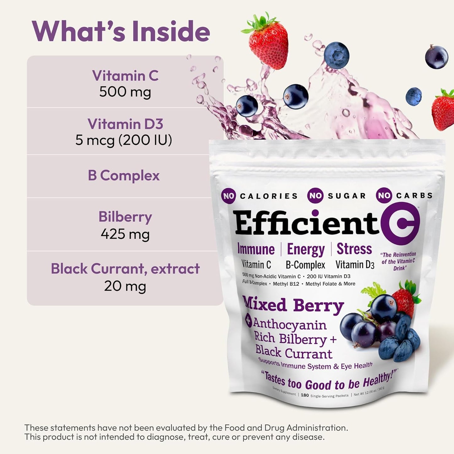 ANDREW LESSMAN Efficient C Mixed Berry 90 Packets - Immunity, Energy, Stress, and Eye Health Support with Zero Calories, Sugar, or Carbs. Convenient and Delicious Vitamin C Drink Mix.