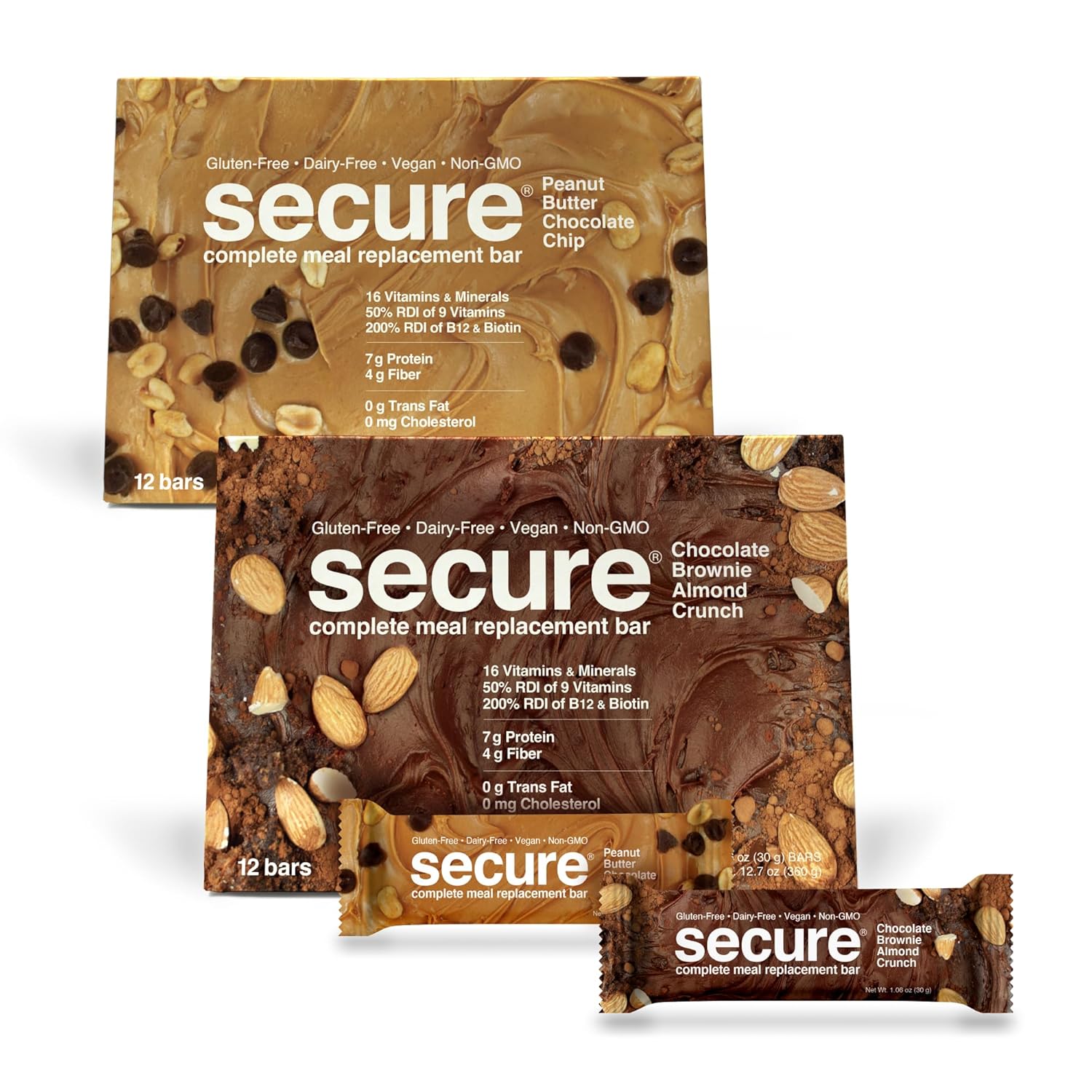 Andrew Lessman Secure Complete Meal Replacement Bars - Variety Pack of 24 (Chocolate Brownie and Peanut Butter Chocolate Chip) - 7g Vegan Protein, Inulin Fiber, Low Calorie, Gluten and Dairy-Free