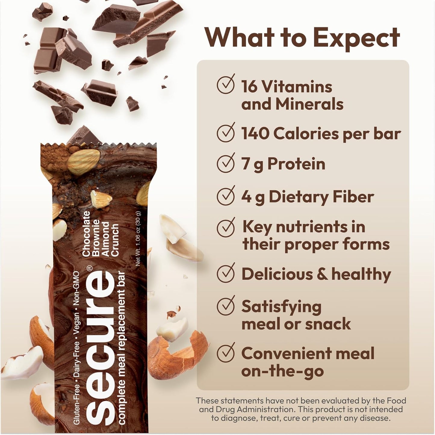 Andrew Lessman Secure Complete Meal Replacement Bars - Variety Pack of 24 (Chocolate Brownie and Peanut Butter Chocolate Chip) - 7g Vegan Protein, Inulin Fiber, Low Calorie, Gluten and Dairy-Free