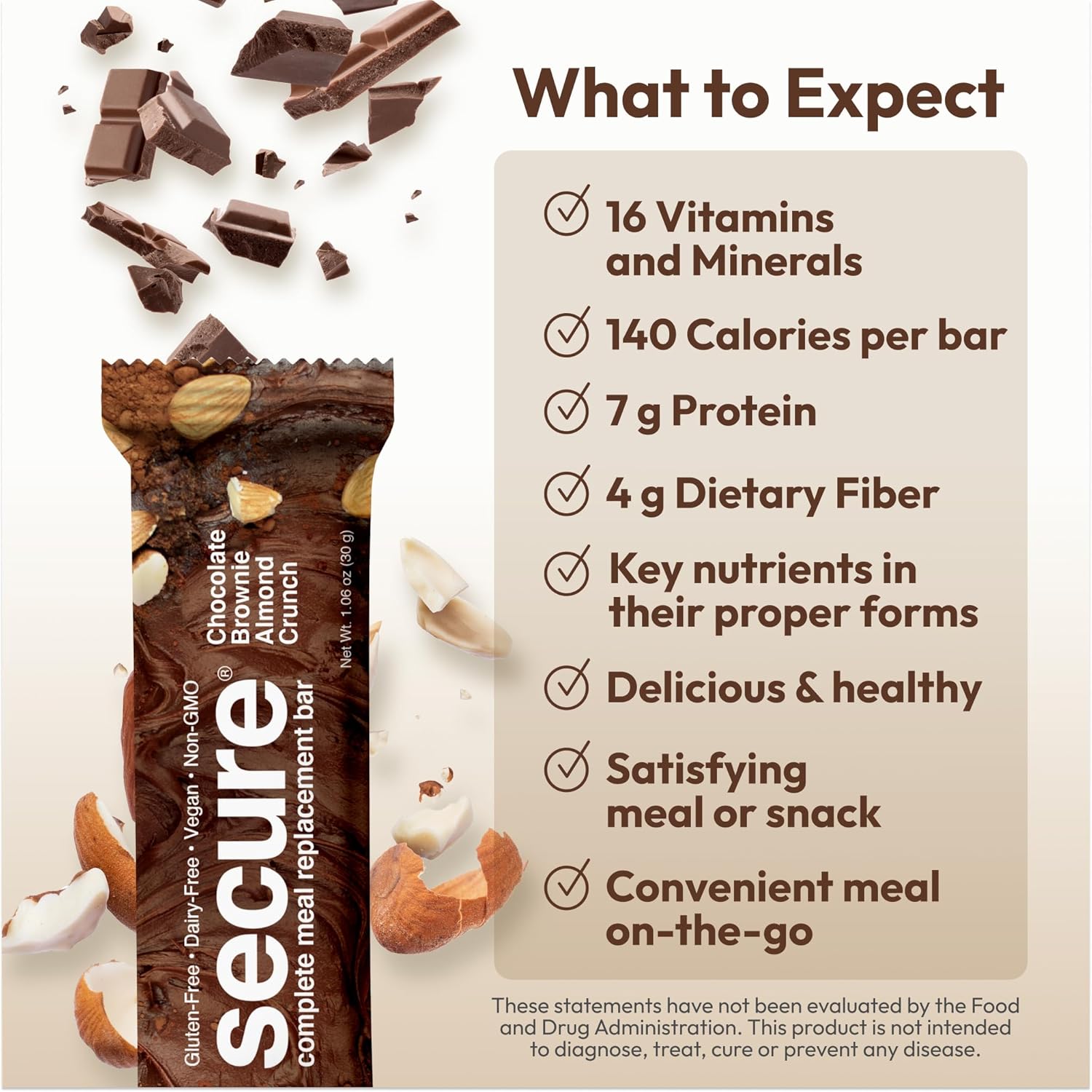 Andrew Lessman Secure Complete Meal Replacement Bars - Variety Pack of 24 (Chocolate Brownie and Peanut Butter Chocolate Chip) - 7g Vegan Protein, Inulin Fiber, Low Calorie, Gluten and Dairy-Free