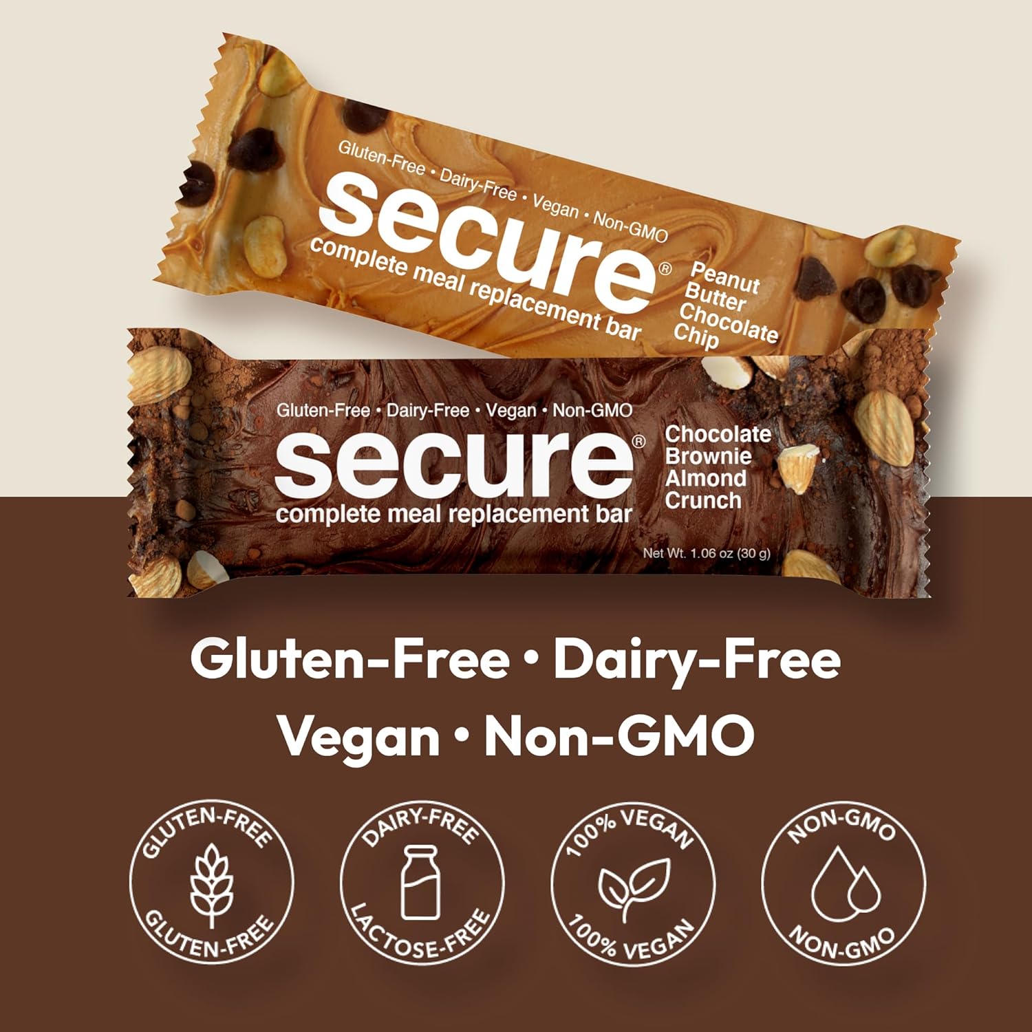 Andrew Lessman Secure Complete Meal Replacement Bars - Variety Pack of 24 (Chocolate Brownie and Peanut Butter Chocolate Chip) - 7g Vegan Protein, Inulin Fiber, Low Calorie, Gluten and Dairy-Free