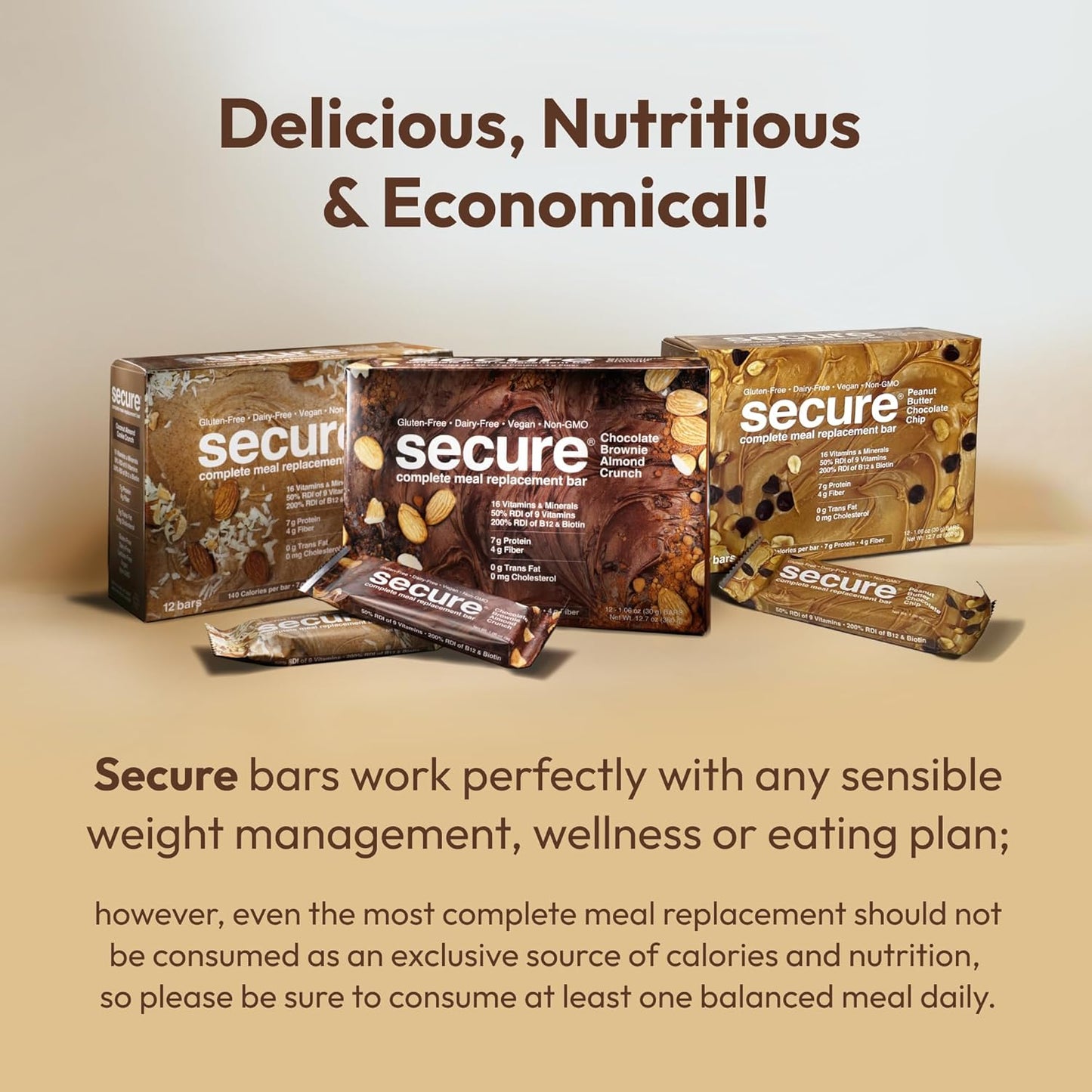Andrew Lessman Secure Complete Meal Replacement Bars - Variety Pack of 24 (Chocolate Brownie and Peanut Butter Chocolate Chip) - 7g Vegan Protein, Inulin Fiber, Low Calorie, Gluten and Dairy-Free