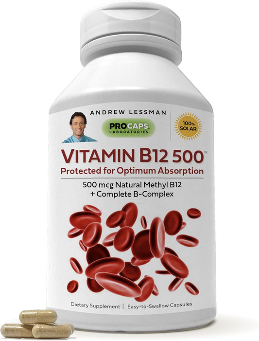 ANDREW LESSMAN Vitamin B12 500 - 60 Capsules - High Absorption Methylcobalamin - Energy & Stress Support - B-Complex - Easy to Swallow