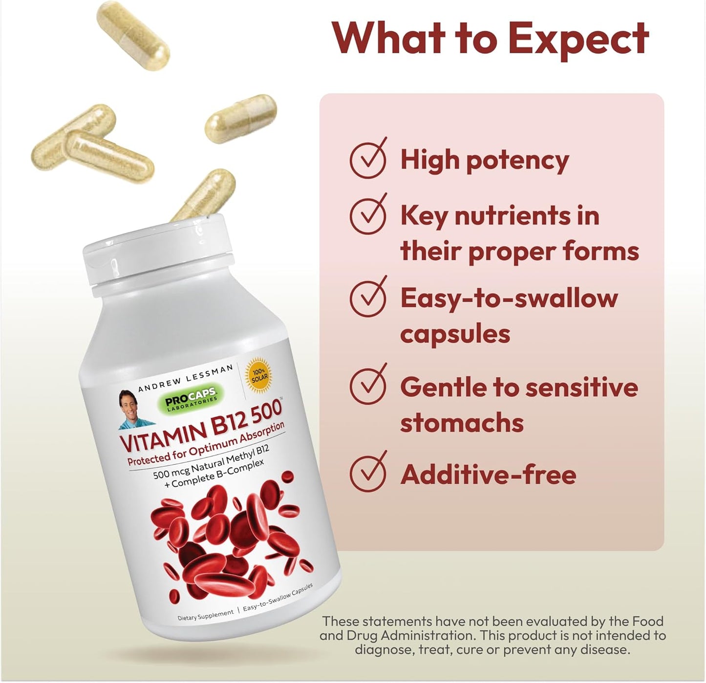 ANDREW LESSMAN Vitamin B12 500 - 60 Capsules - High Absorption Methylcobalamin - Energy & Stress Support - B-Complex - Easy to Swallow