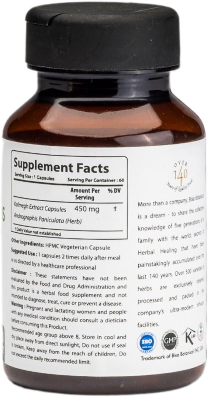Andrographis Extract Capsules 450mg | Ayurvedic Herbal Supplement for Healthy Immunity & Liver | Bixa Botanical Veg Capsules 60ct