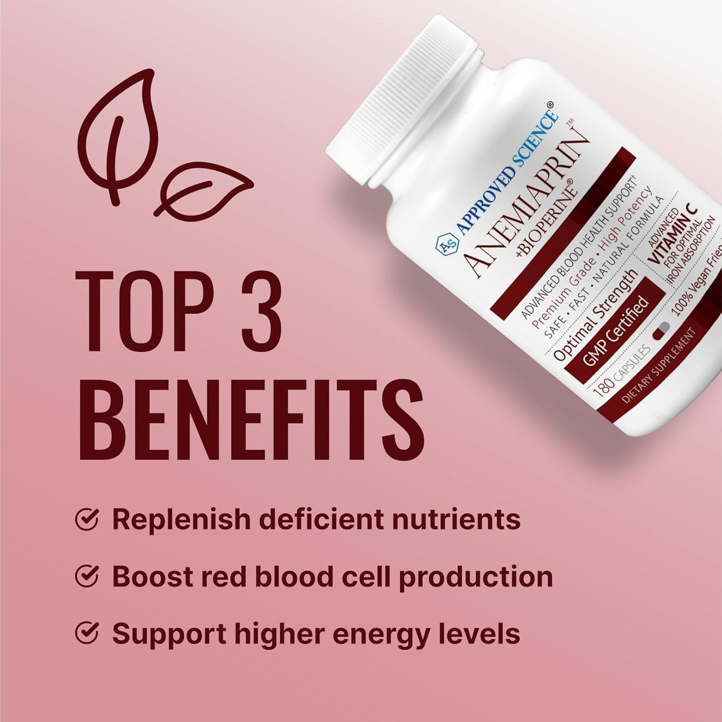 Anemiaprin Iron Supplement with Vitamin C - Easy on Stomach - 120 Capsules - 2 Month Supply - Non-GMO, Vegan Formula