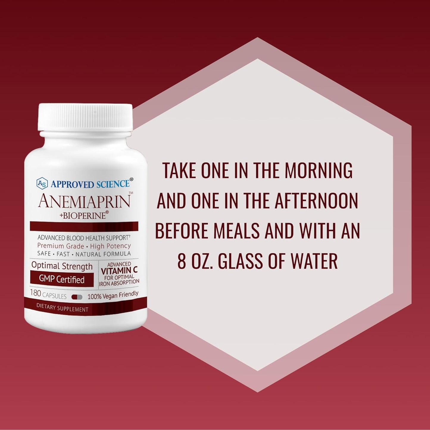 Anemiaprin Iron Supplement with Vitamin C - Easy on Stomach - 120 Capsules - 2 Month Supply - Non-GMO, Vegan Formula
