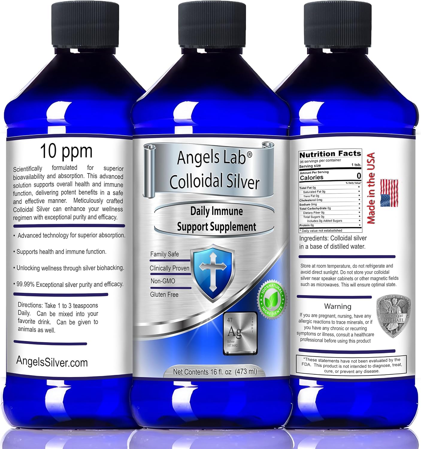 Angels Lab 10 PPM Nano Liquid Colloidal Silver Immune Support Supplement 16oz Bottle