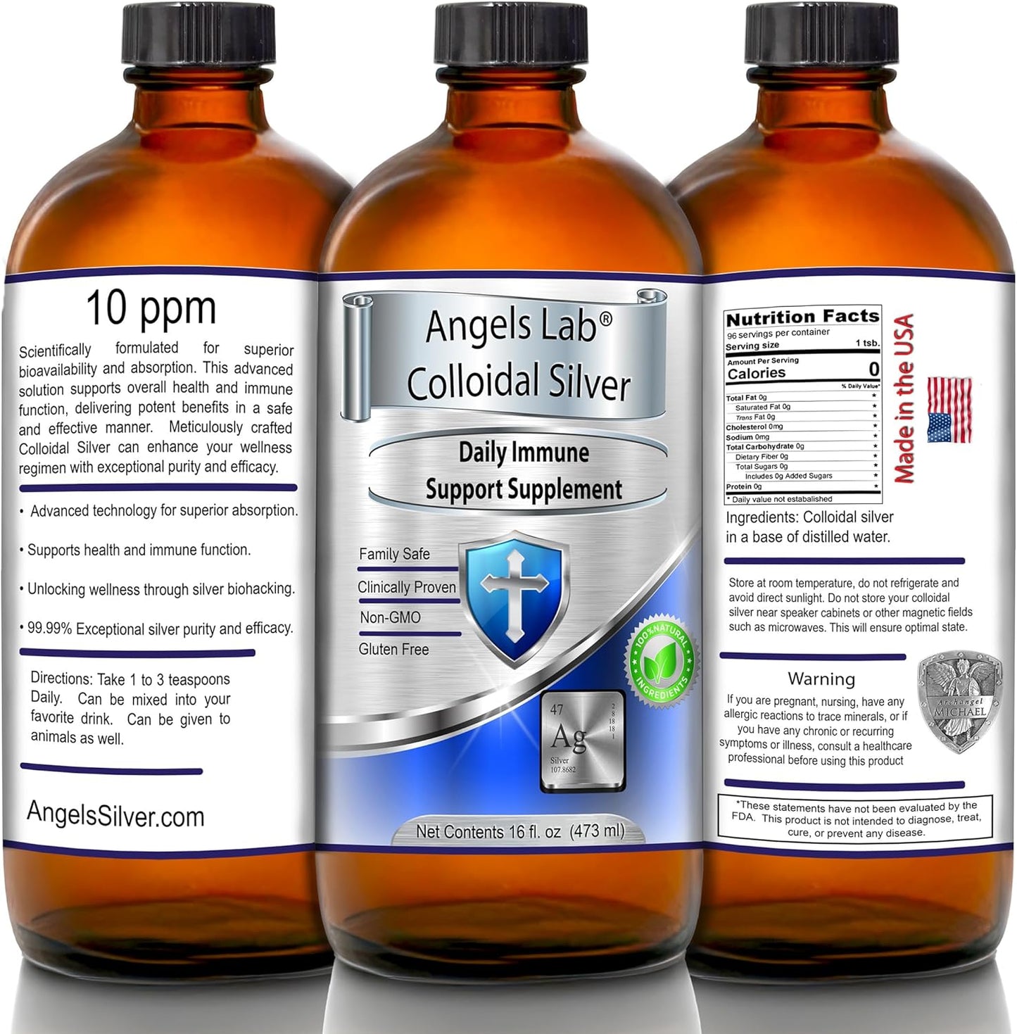 Angels Lab Colloidal Silver Liquid 10 PPM Immune Support Glass Bottle (16 fl oz)
