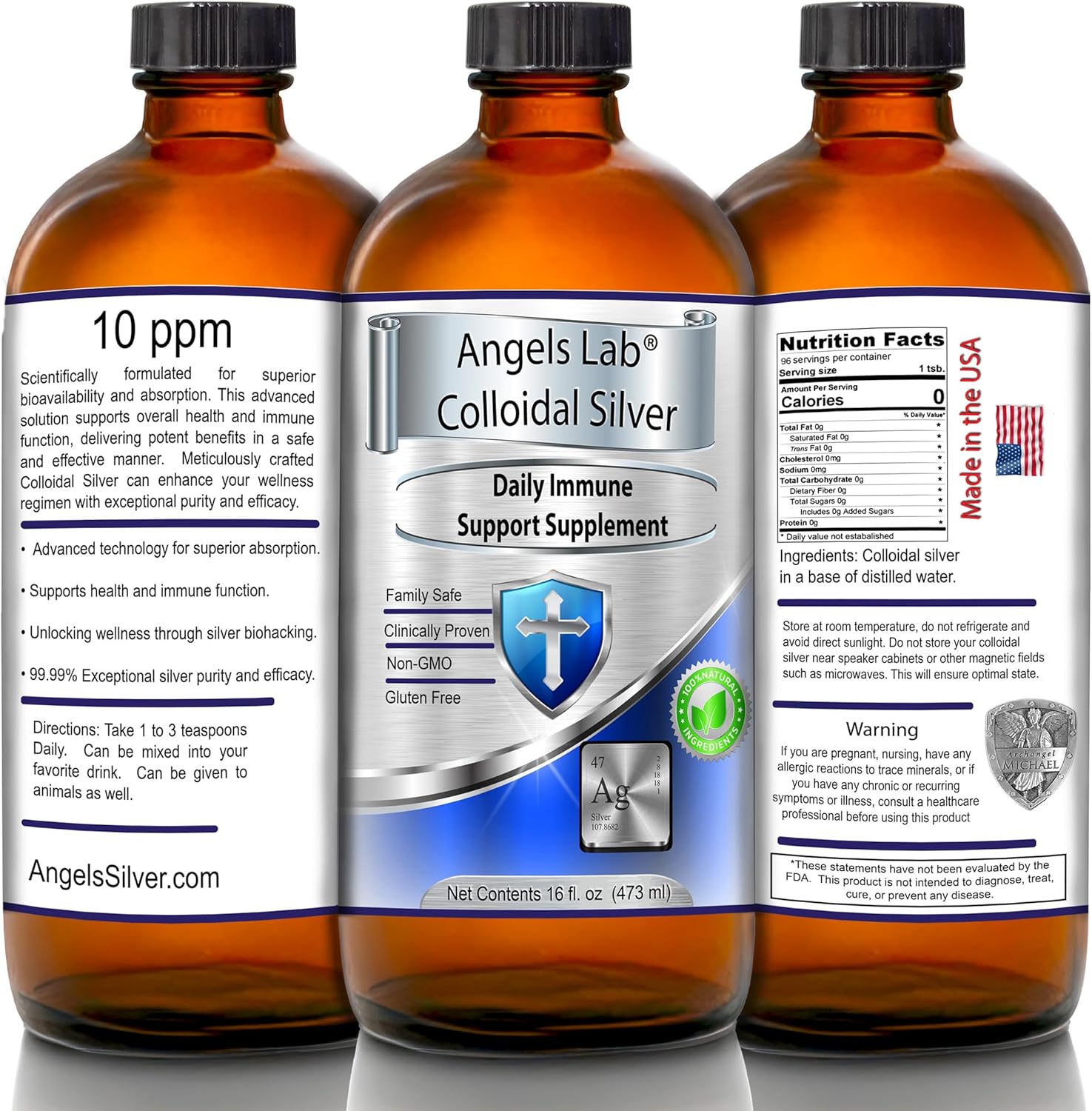 Angels Lab Colloidal Silver Liquid 10 PPM Immune Support Glass Bottle (16 fl oz)
