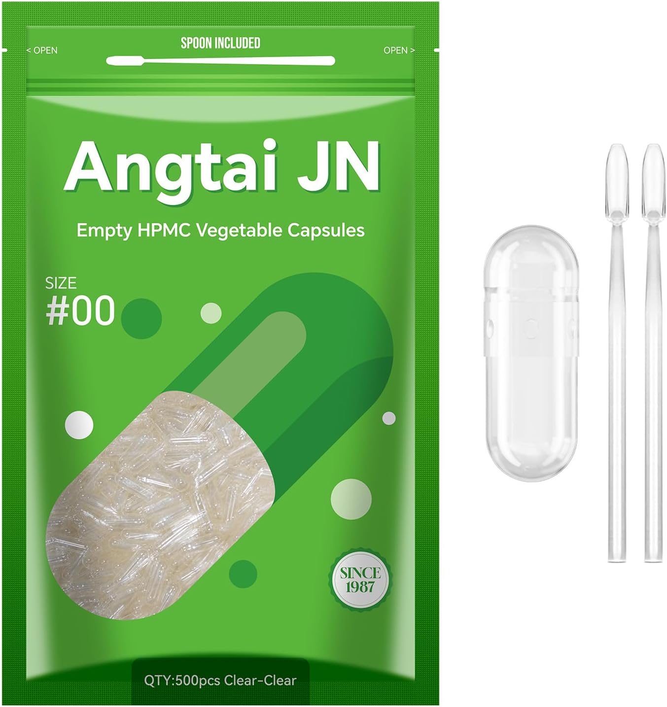 AngtaiJN 500 Count Clear Vegetarian Empty Capsules Size 00 - DIY Pill Capsules with Spoon - Kosher, Halal, Non-GMO, Gluten-Free