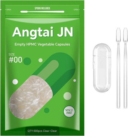 AngtaiJN 500 Count Clear Vegetarian Empty Capsules Size 00 - DIY Pill Capsules with Spoon - Kosher, Halal, Non-GMO, Gluten-Free