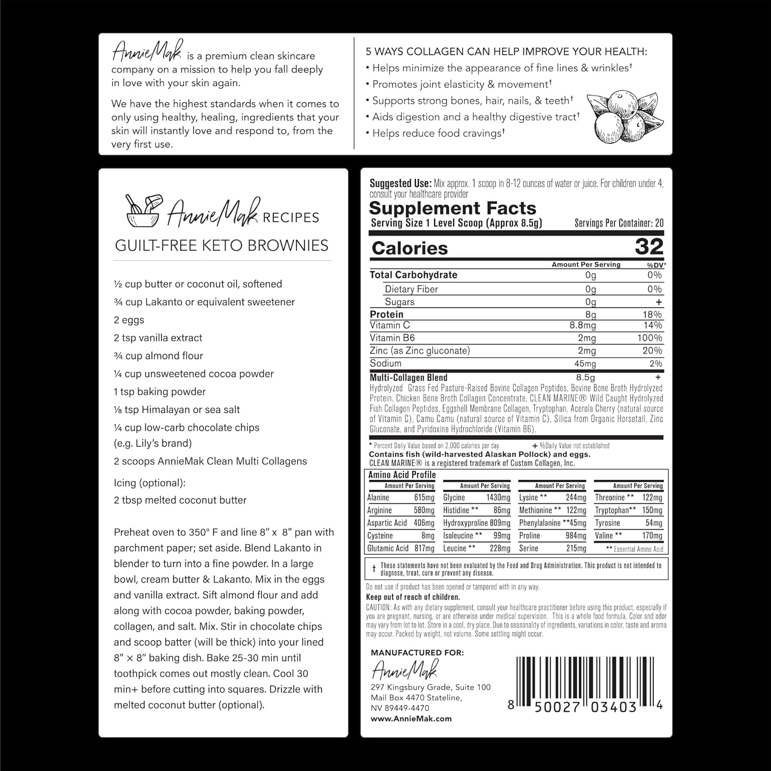 AnnieMak Collagen Peptides Powder with Bone Broth for Skin, Hair, Nails - Grass Fed, Women's Wellness Supplement - Gluten Free, Unflavored