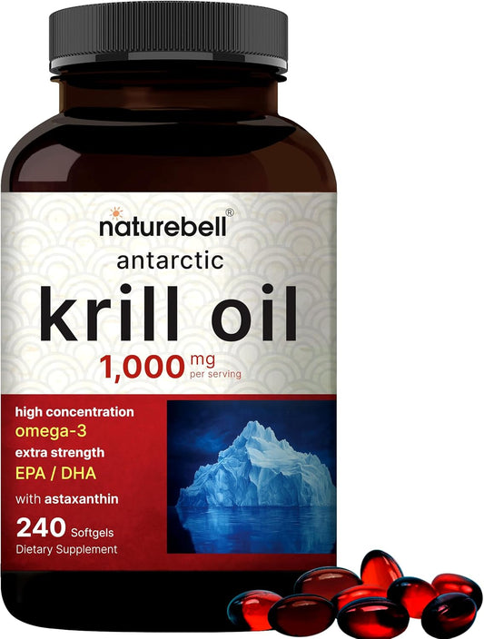 Antarctic Krill Oil 1000mg Softgels - Omega-3 EPA, DHA, Astaxanthin - Heart Health Support - No Aftertaste - Mercury Free, Non-GMO - 240 Count