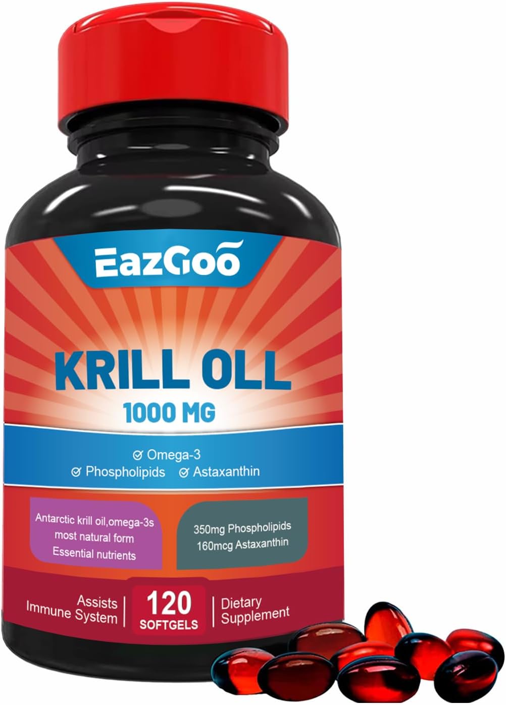 Antarctic Krill Oil 1000mg Supplement with Omega 3, EPA, DHA, Phospholipids, and Astaxanthin - 120 Softgels for Health