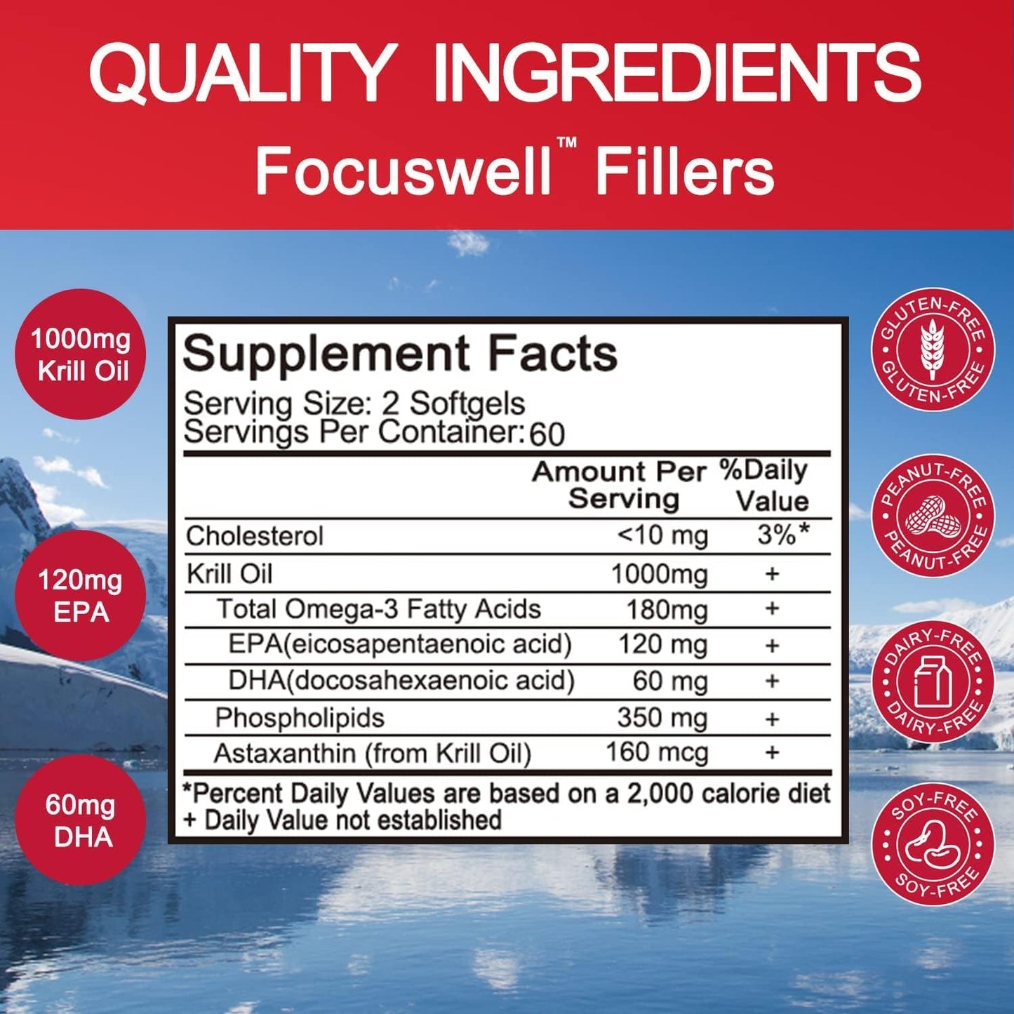 Antarctic Krill Oil 1000mg Supplement with Omega 3, EPA, DHA, Phospholipids, and Astaxanthin - 120 Softgels for Health
