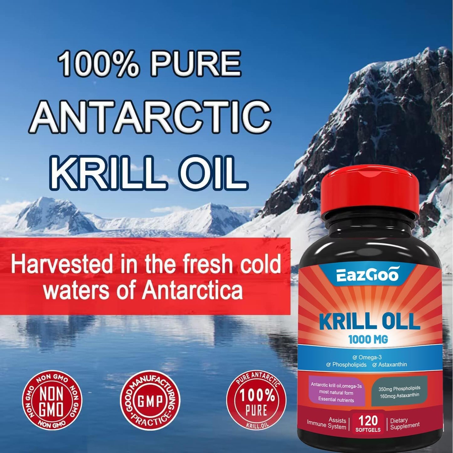 Antarctic Krill Oil 1000mg Supplement with Omega 3, EPA, DHA, Phospholipids, and Astaxanthin - 120 Softgels for Health