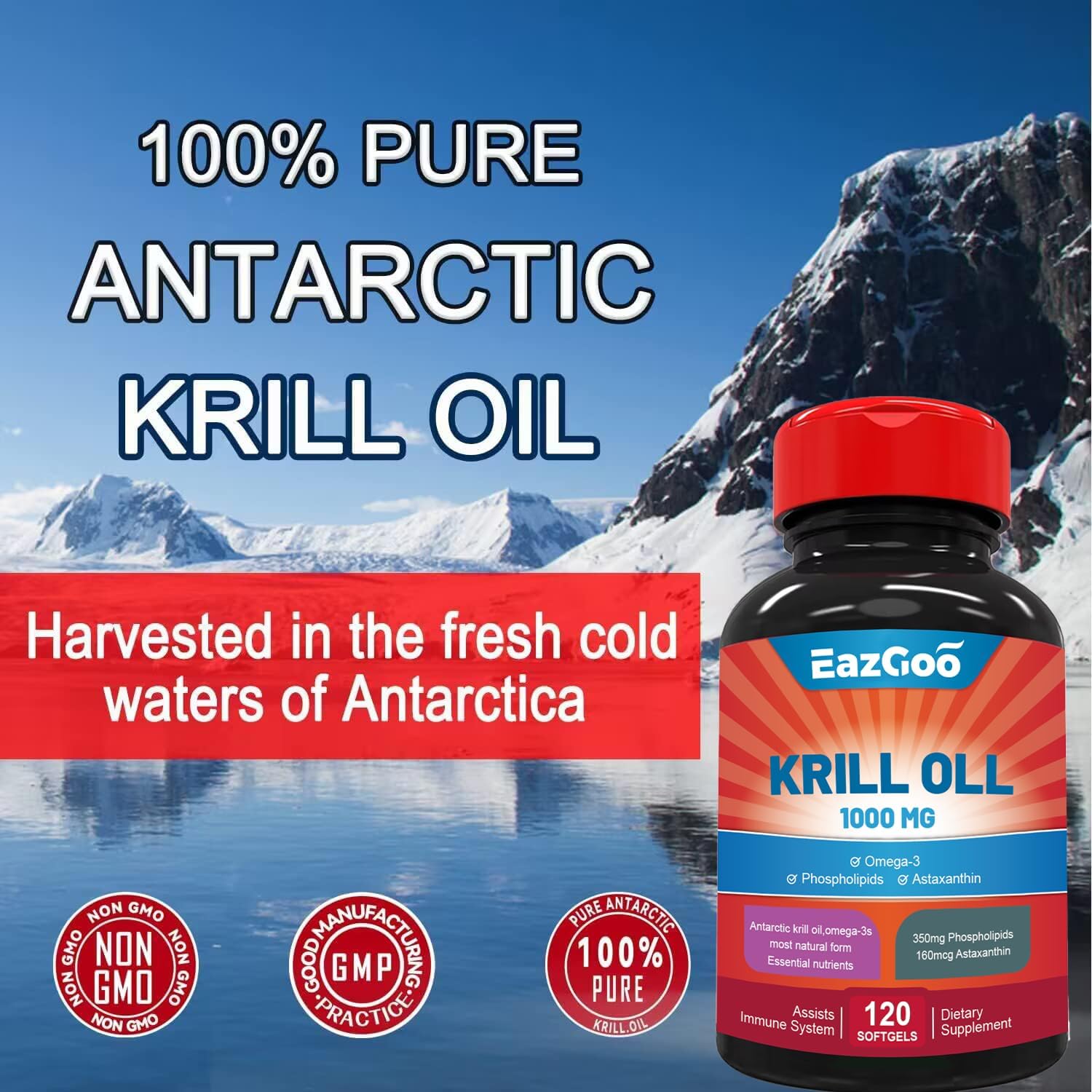Antarctic Krill Oil 1000mg Supplement with Omega 3, EPA, DHA, Phospholipids, and Astaxanthin - 120 Softgels for Health