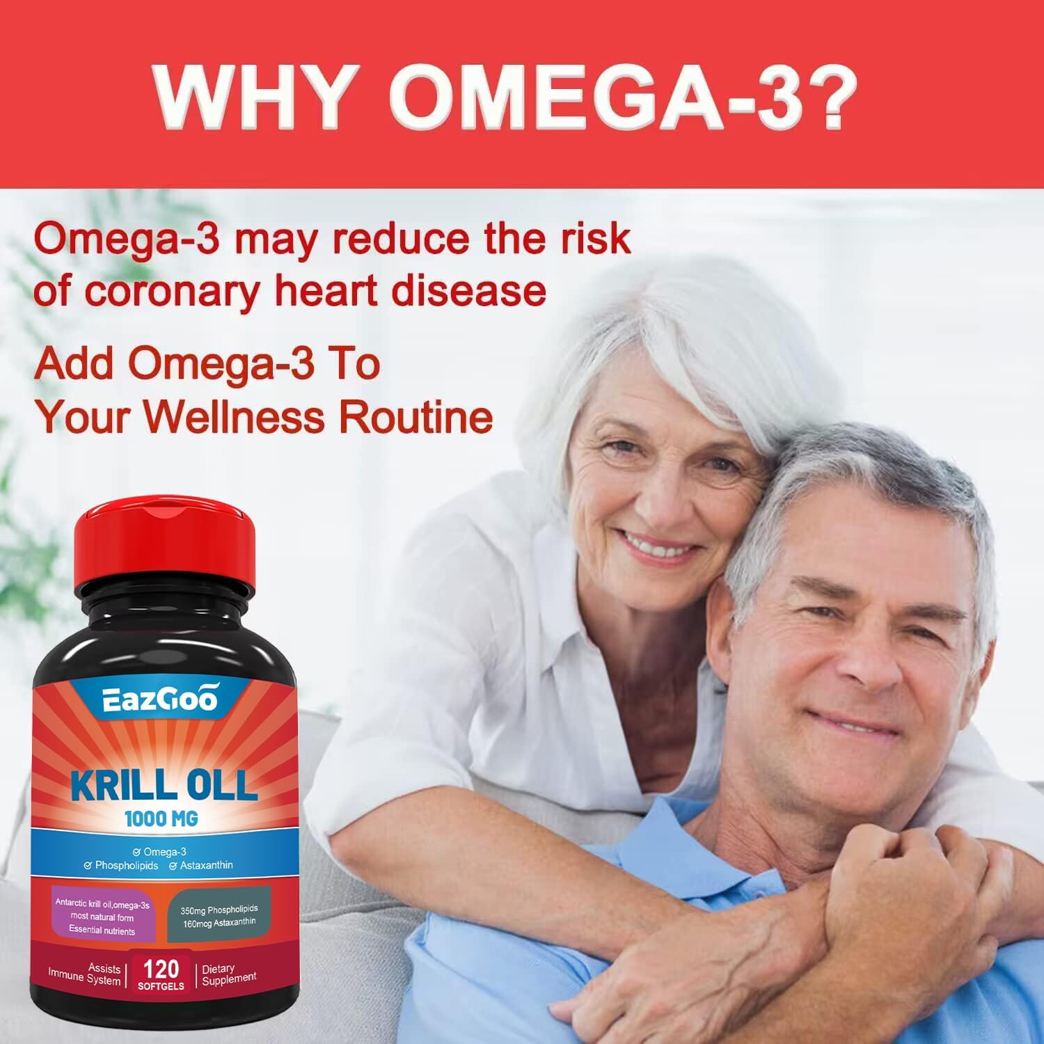 Antarctic Krill Oil 1000mg Supplement with Omega 3, EPA, DHA, Phospholipids, and Astaxanthin - 120 Softgels for Health