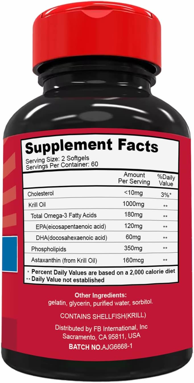 Antarctic Krill Oil 1000mg Supplement with Omega 3, EPA, DHA, Phospholipids, and Astaxanthin - 120 Softgels for Health