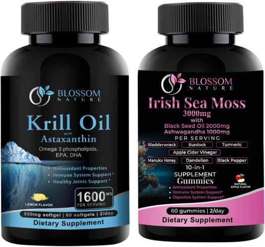 Antarctic Krill Oil 1600mg with Astaxanthin + Irish Sea Moss Gummies 3000mg with Black Seed Oil & Ashwagandha 2000mg - Nature's Powerhouse Combo