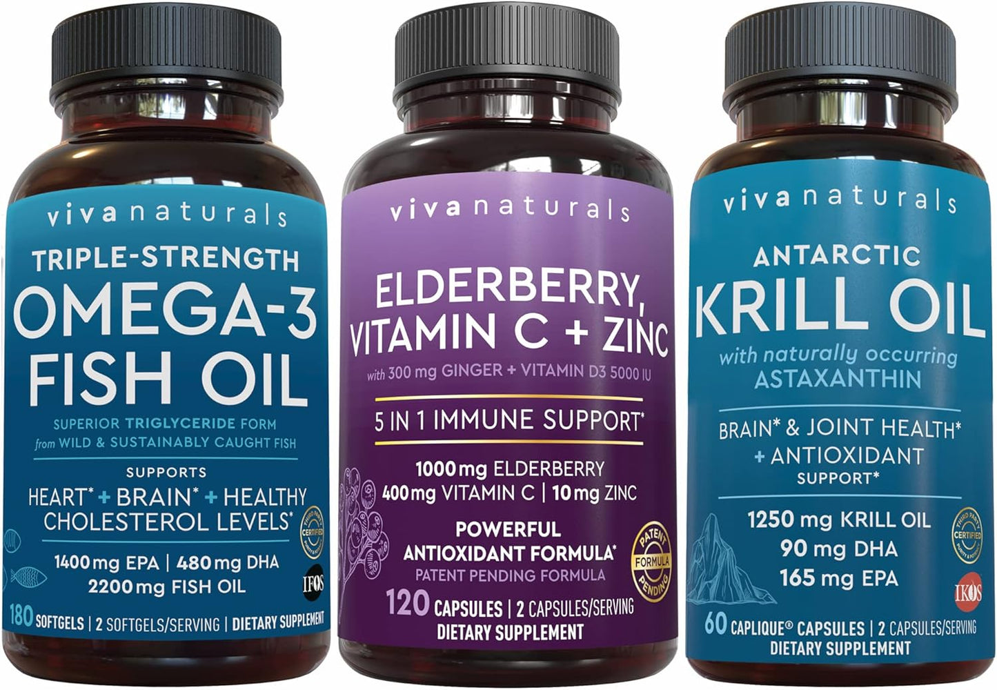Antarctic Krill Oil, Elderberry Vitamin C, Zinc & Omega 3 Fish Oil Bundle - Immune Support with EPA and DHA Omega 3