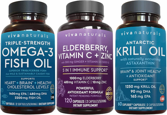 Antarctic Krill Oil, Elderberry Vitamin C, Zinc & Omega 3 Fish Oil Bundle - Immune Support with EPA and DHA Omega 3