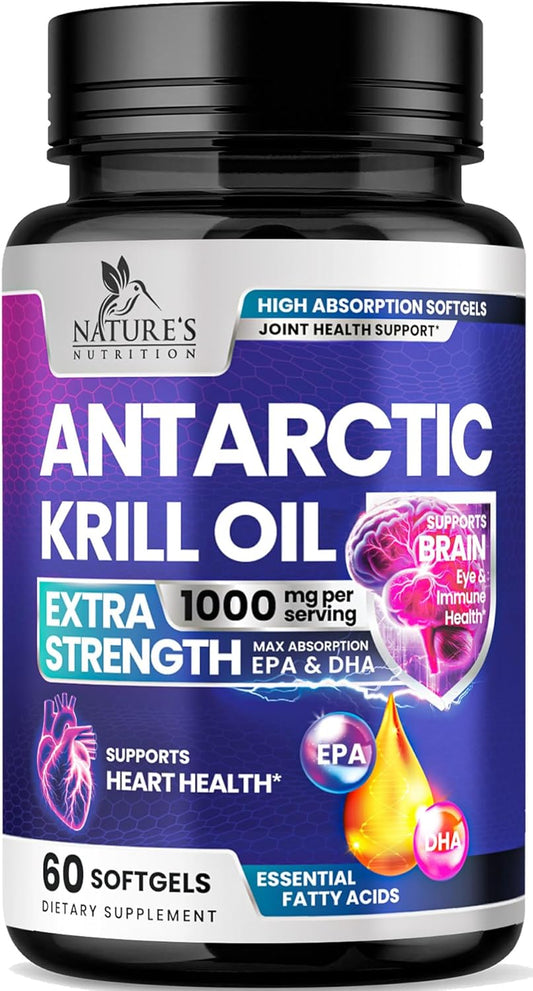 Antarctic Krill Oil Omega-3 Supplement with Astaxanthin - 1000mg Softgels for Brain Health & Immune Support - Rich in EPA, DHA - 30 Servings