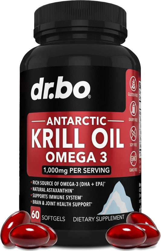 Antarctic Krill Oil Omega 3 Supplements - 1000mg Softgels with EPA, DHA, Astaxanthin - Pure Natural Omega 3 Fatty Acids for Women & Men - 60 Softgels