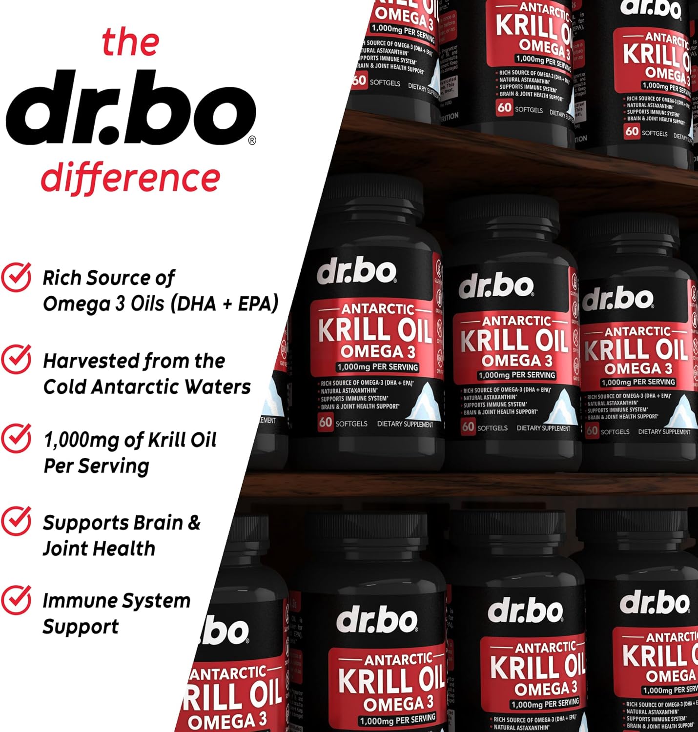 Antarctic Krill Oil Omega 3 Supplements - 1000mg Softgels with EPA, DHA, Astaxanthin - Pure Natural Omega 3 Fatty Acids for Women & Men - 60 Softgels