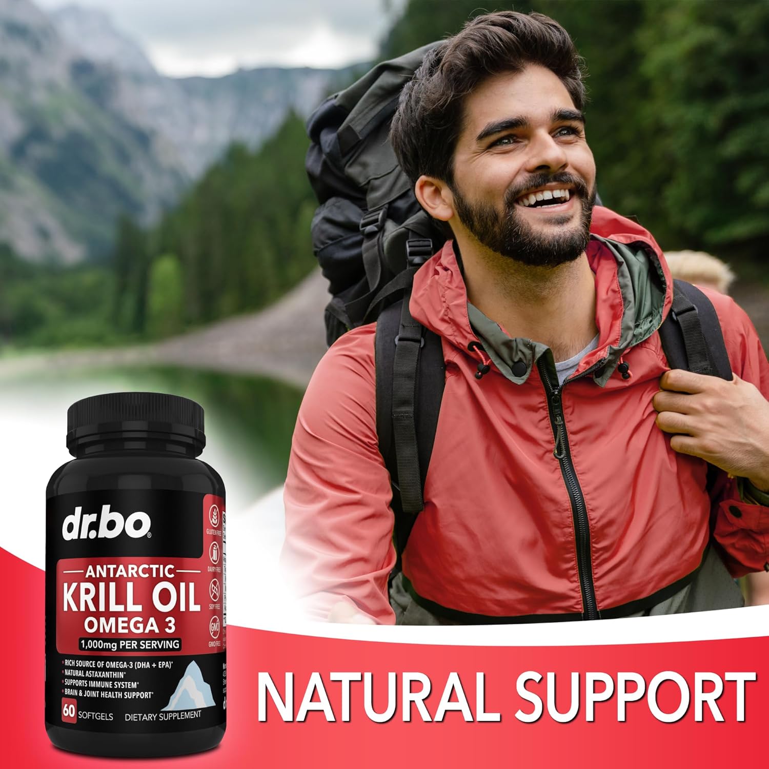 Antarctic Krill Oil Omega 3 Supplements - 1000mg Softgels with EPA, DHA, Astaxanthin - Pure Natural Omega 3 Fatty Acids for Women & Men - 60 Softgels