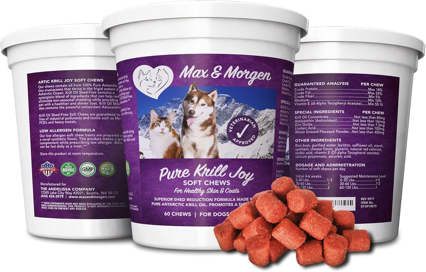 Antarctic Krill Oil Soft Chews for Dogs with Omega 3, Antioxidants, and Shed Reducing Formula - 60 Chews