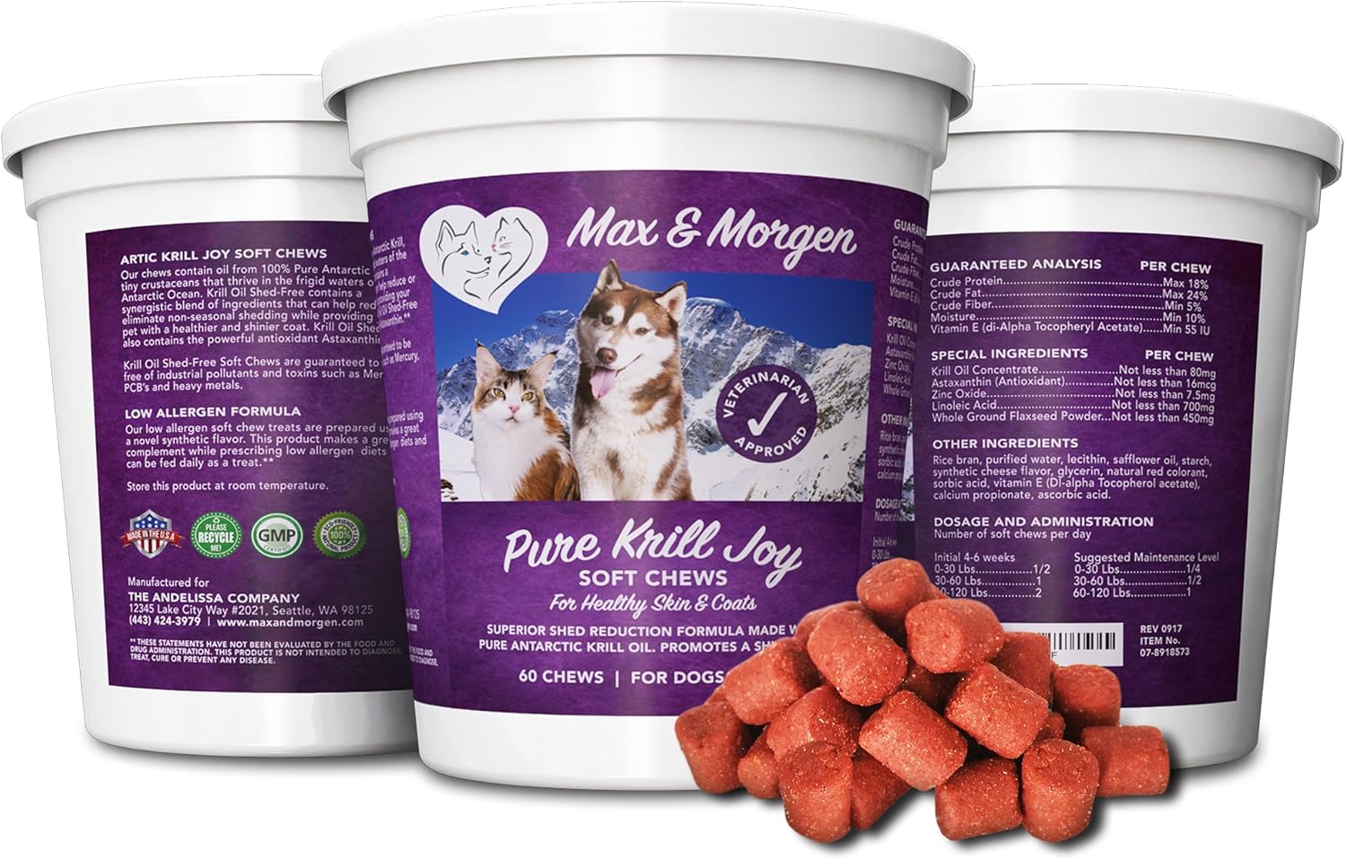Antarctic Krill Oil Soft Chews for Dogs with Omega 3, Antioxidants, and Shed Reducing Formula - 60 Chews