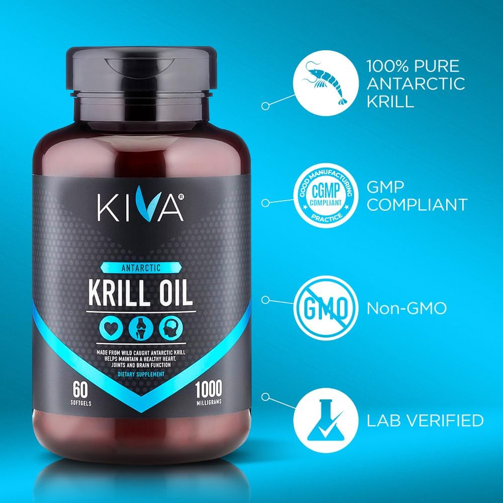 Antarctic Krill Oil Softgels - 1000mg Omega-3 Fatty Acids, EPA, DHA, Astaxanthin - Sustainably Wild-Caught - No Fishy Aftertaste - 60 Softgels
