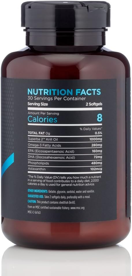 Antarctic Krill Oil Softgels - 1000mg Omega-3 Fatty Acids, EPA, DHA, Astaxanthin - Sustainably Wild-Caught - No Fishy Aftertaste - 60 Softgels