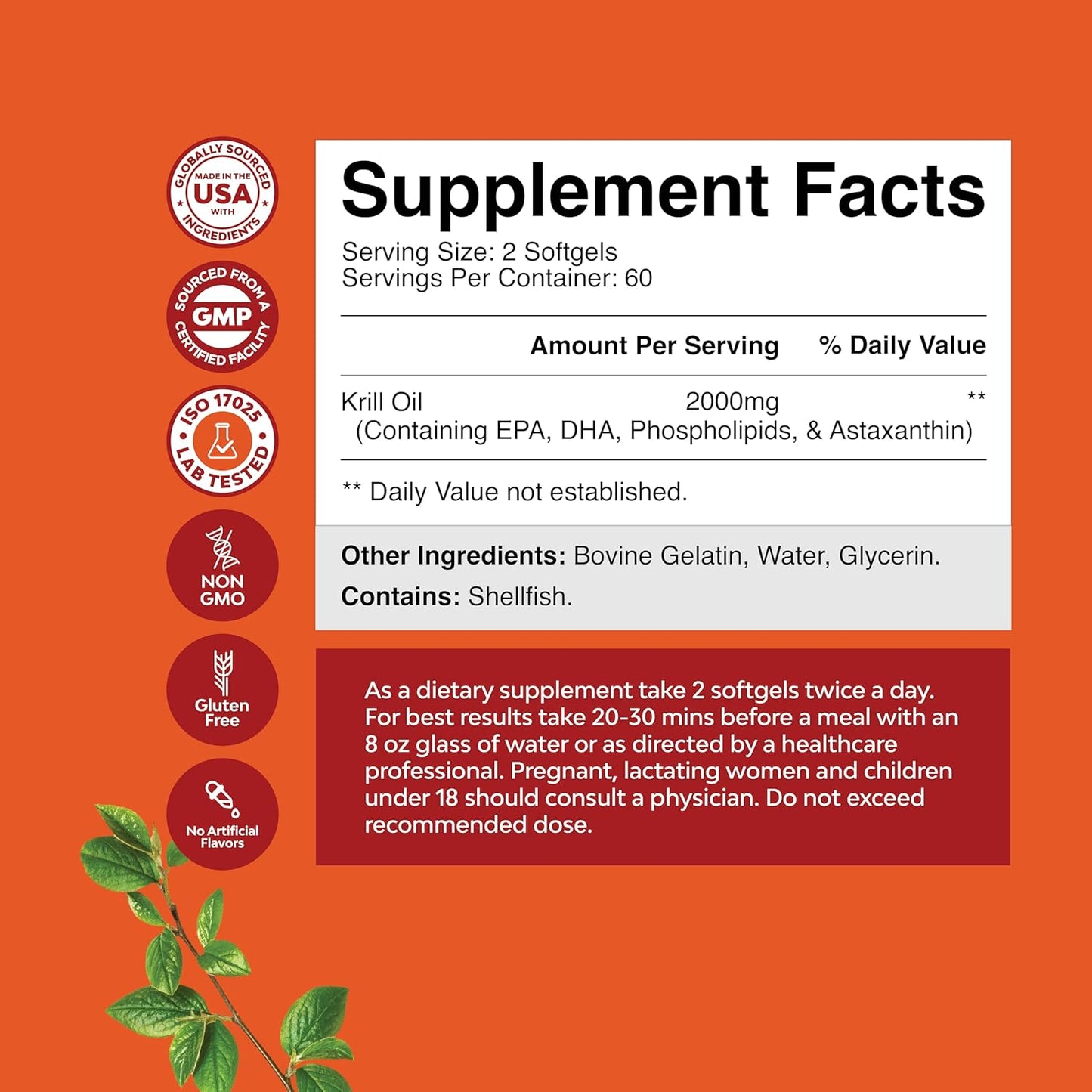 Antarctic Krill Oil Softgels 2000mg - Omega 3 Supplement with EPA, DHA & Astaxanthin - Joint, Heart & Brain Health - Gluten-Free, Non-GMO - 60 Day Supply