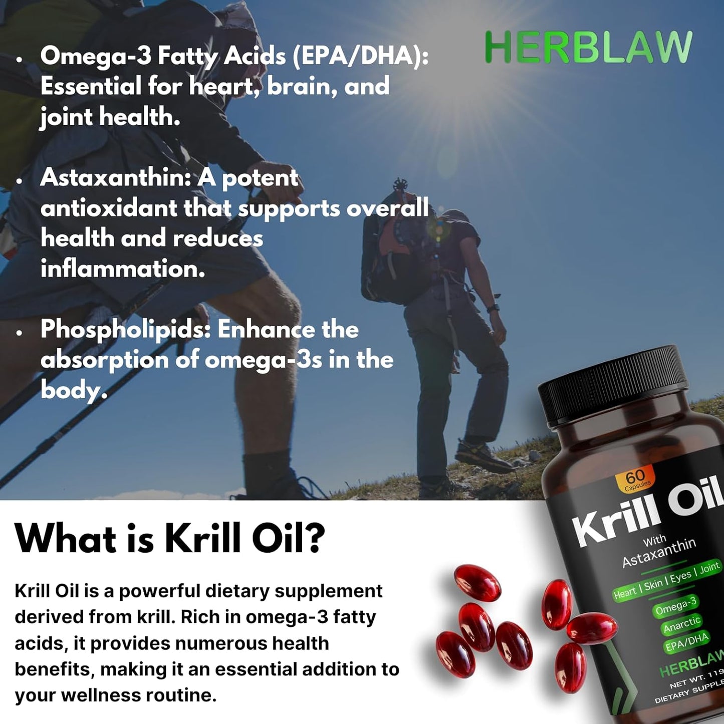Antarctic Krill Oil Softgels for Women | 1000mg Omega-3 EPH/DHA with Astaxanthin | Supports Heart, Brain, Joints | 60 Softgels
