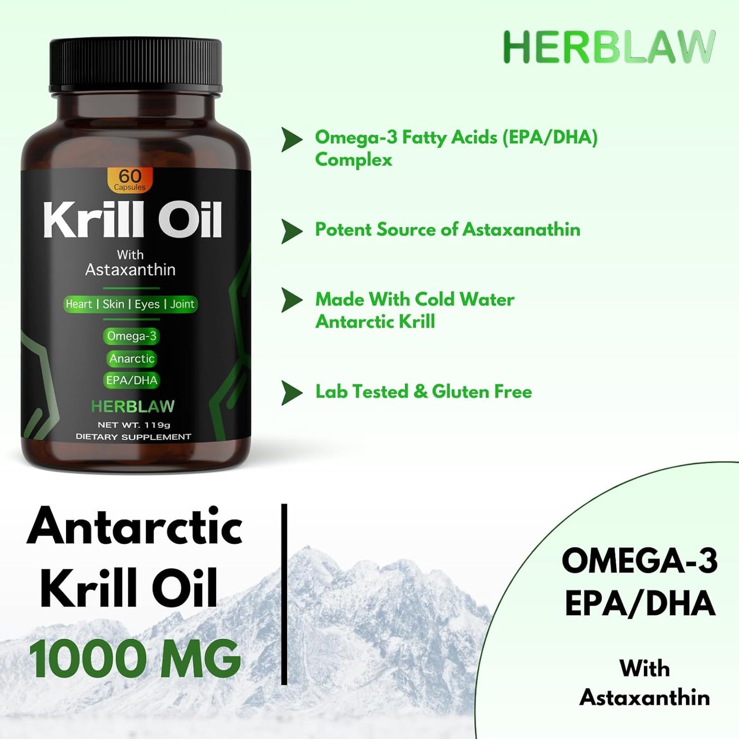 Antarctic Krill Oil Softgels for Women | 1000mg Omega-3 EPH/DHA with Astaxanthin | Supports Heart, Brain, Joints | 60 Softgels
