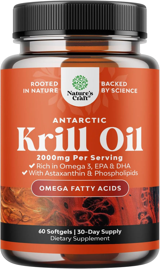 Antarctic Krill Oil Softgels with Omega 3, EPA, DHA & Astaxanthin - 2000mg per Serving - Supports Brain, Joint, and Heart Health - 60 Count Pack