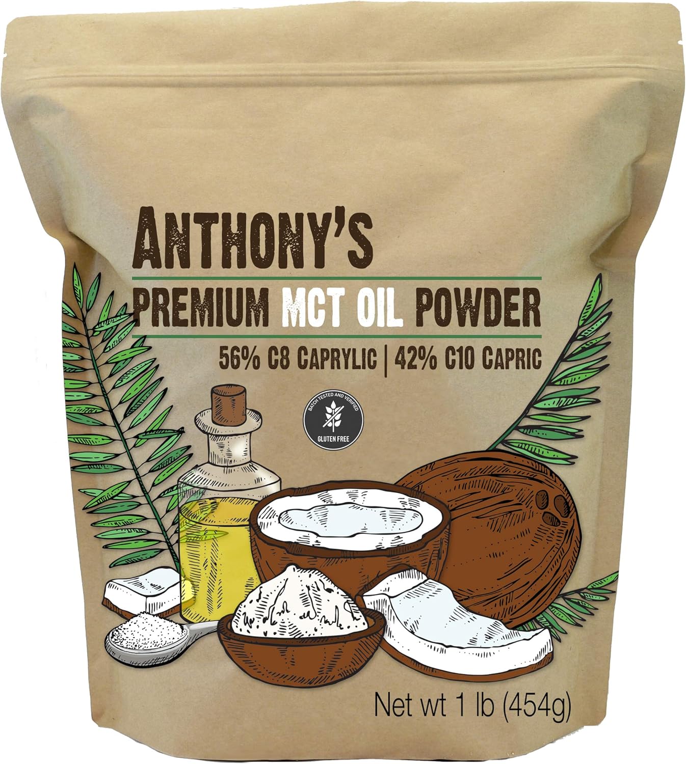 Anthony's Premium MCT Oil Powder - 56% C8 Caprylic, 42% C10 Capric - 1 lb Gluten Free, Non GMO, Keto Friendly