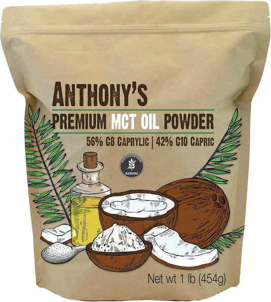 Anthony's Premium MCT Oil Powder - 56% C8 Caprylic, 42% C10 Capric - 1 lb Gluten Free, Non GMO, Keto Friendly