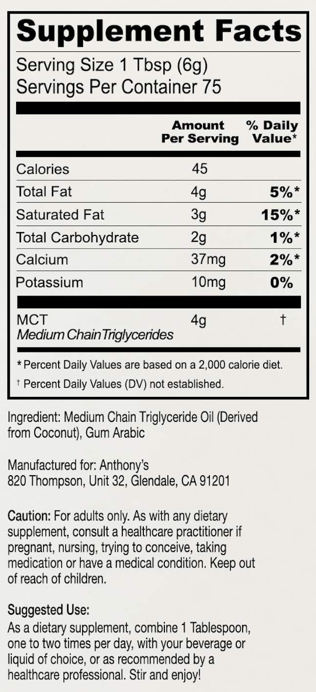 Anthony's Premium MCT Oil Powder - 56% C8 Caprylic, 42% C10 Capric - 1 lb Gluten Free, Non GMO, Keto Friendly